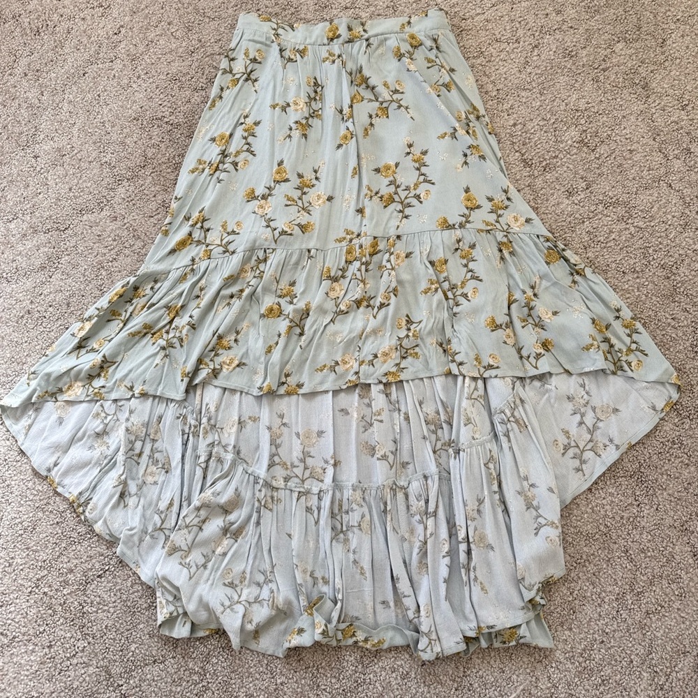 Xhilaration Floral High-Low Ruffle Hem Skirt Blue & Yellow Roses Women’s Small